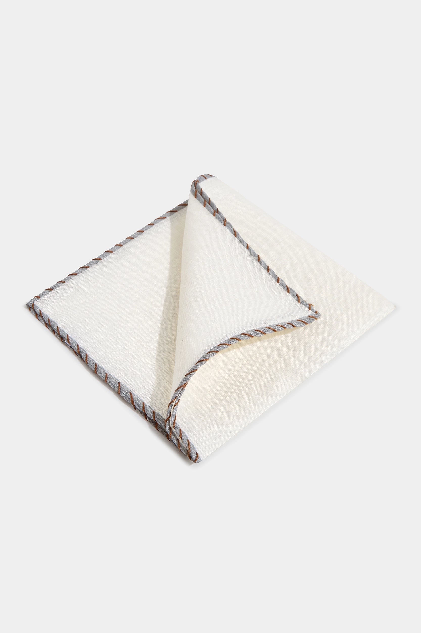 White linen pocket square with grey and cognac edges  - Made in Italy
