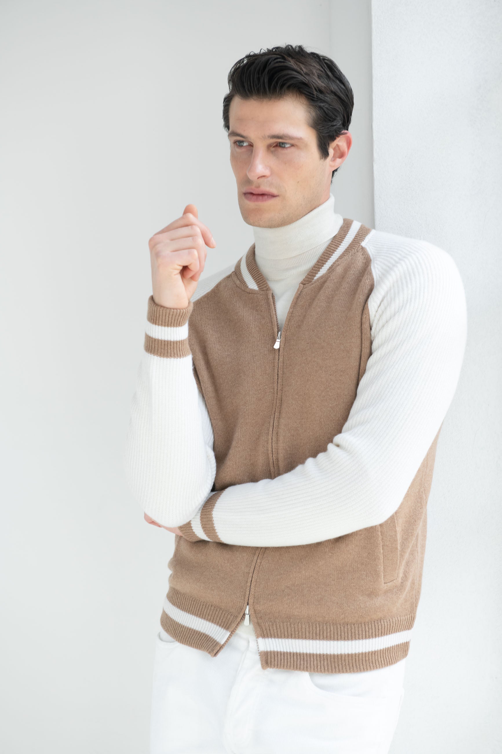 Beige knitted college bomber - Made in Italy