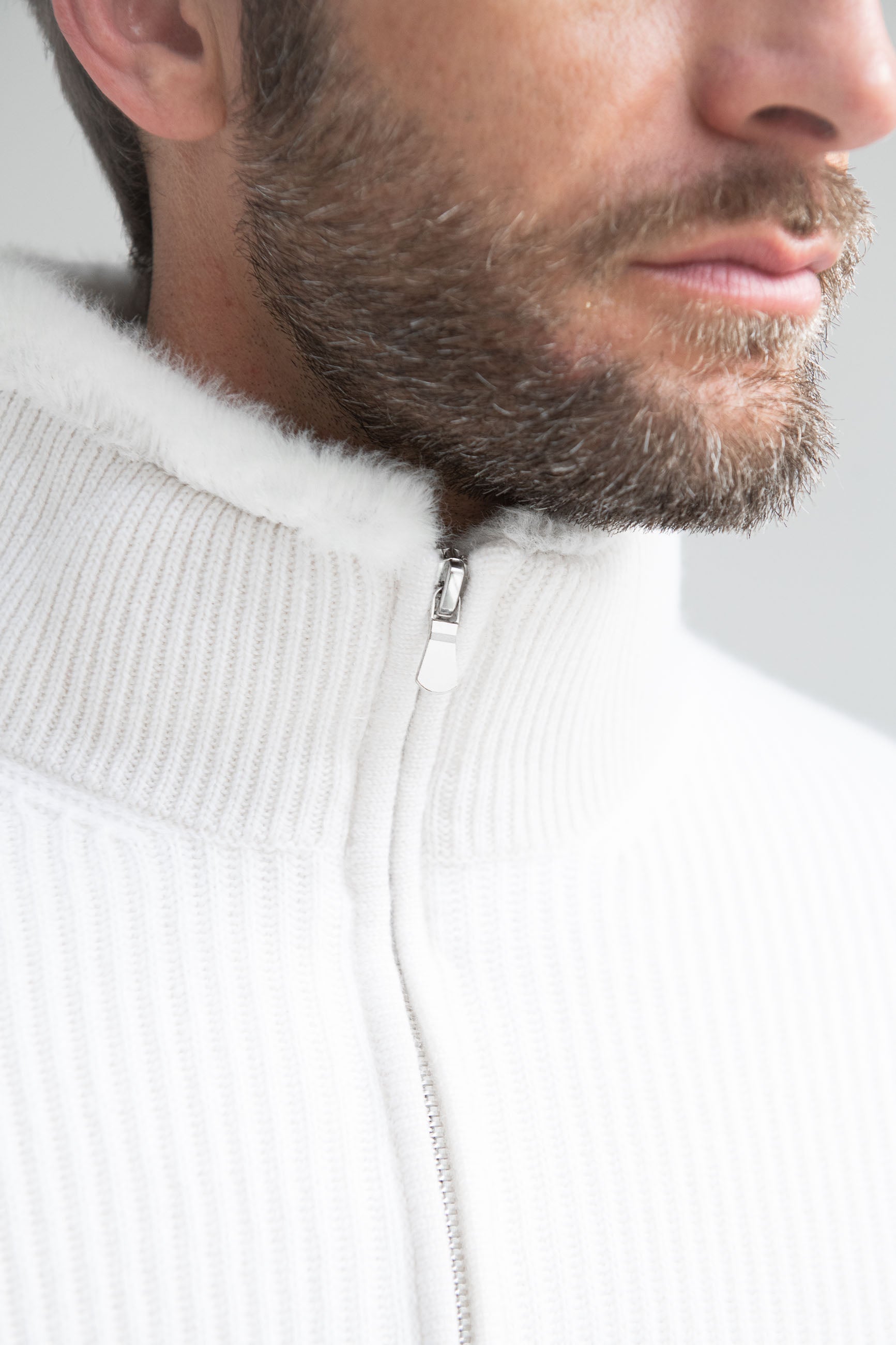 Off-white cashmere knitted bomber with fur - Made in Italy