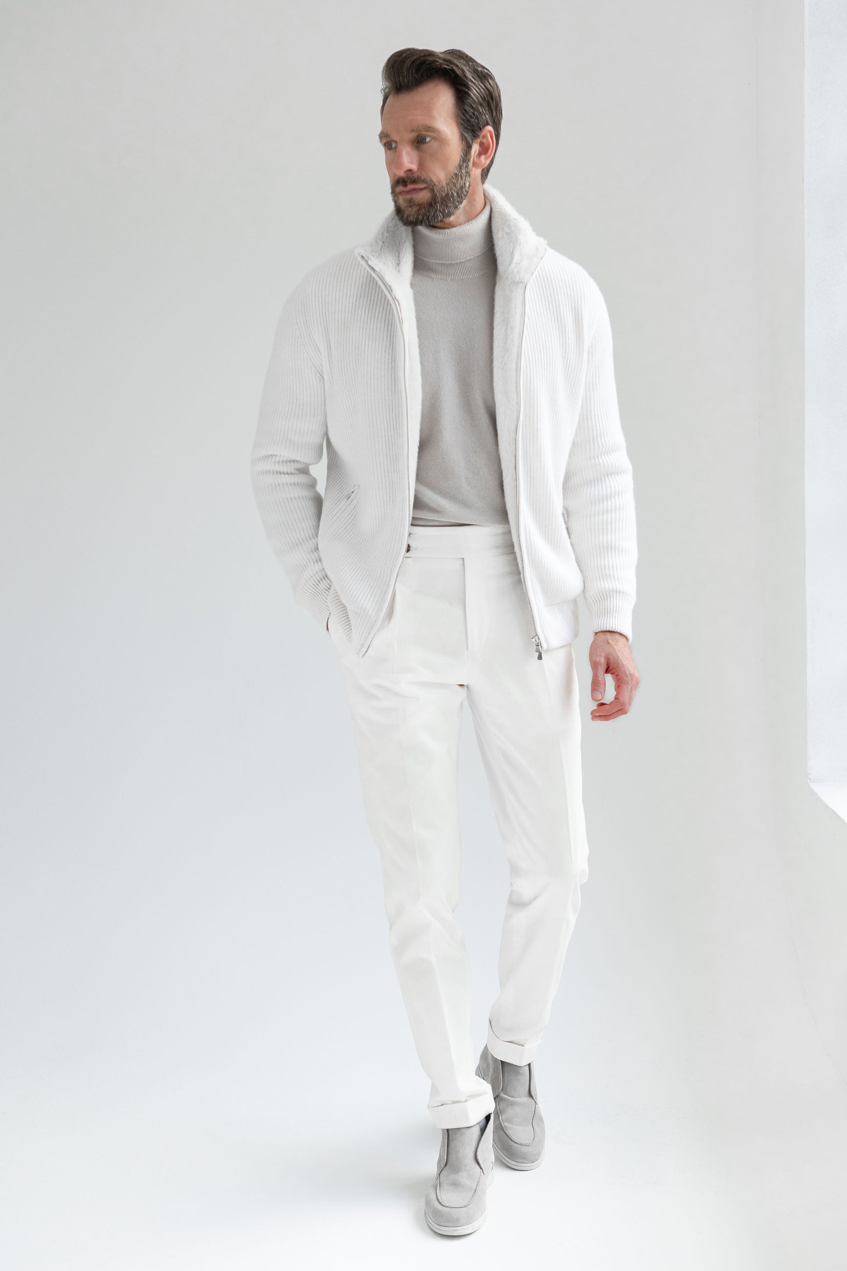 Off-white cashmere knitted bomber with fur - Made in Italy