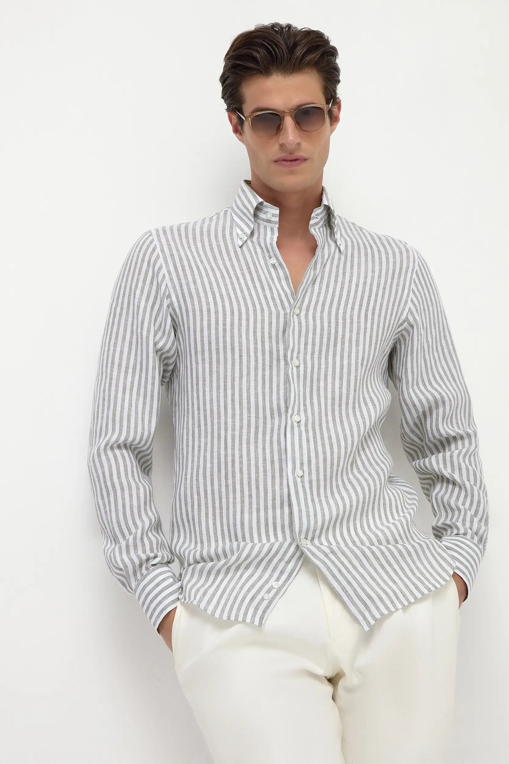 Sage striped linen button down shirt - Made in Italy