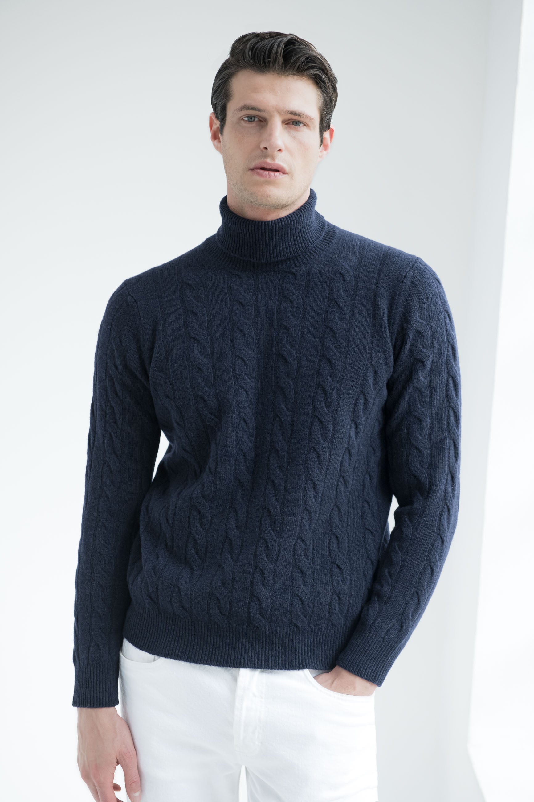 Blue cable knit turtleneck – Made in Italy
