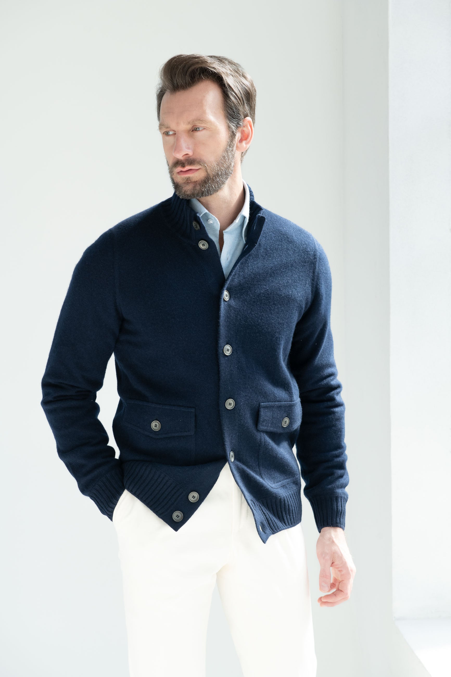Blue Cashmere Knitted Bomber – Made in Italy