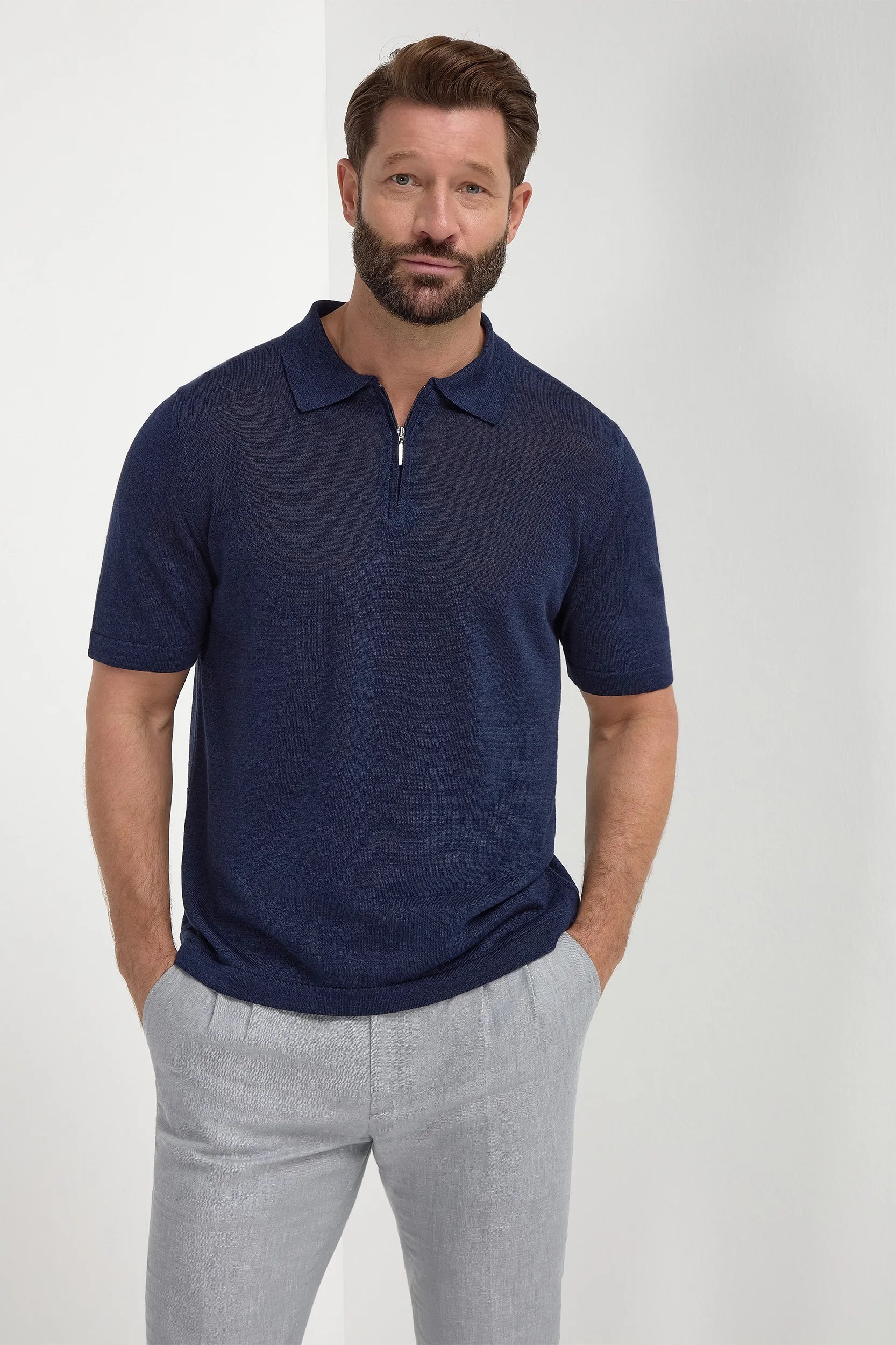 Blue linen and cotton zipped polo - Made in Italy